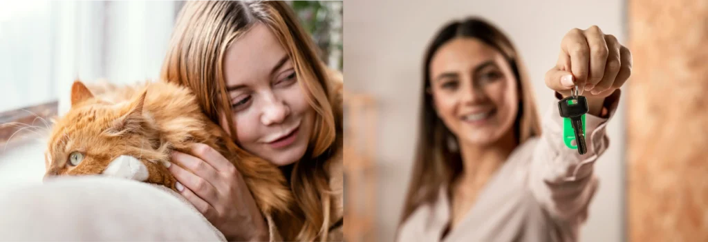 Spojený obraz spokojené majitelky s kočkou a detailního záběru na předání klíčů od nového domova s certifikací Pas Důvěry.