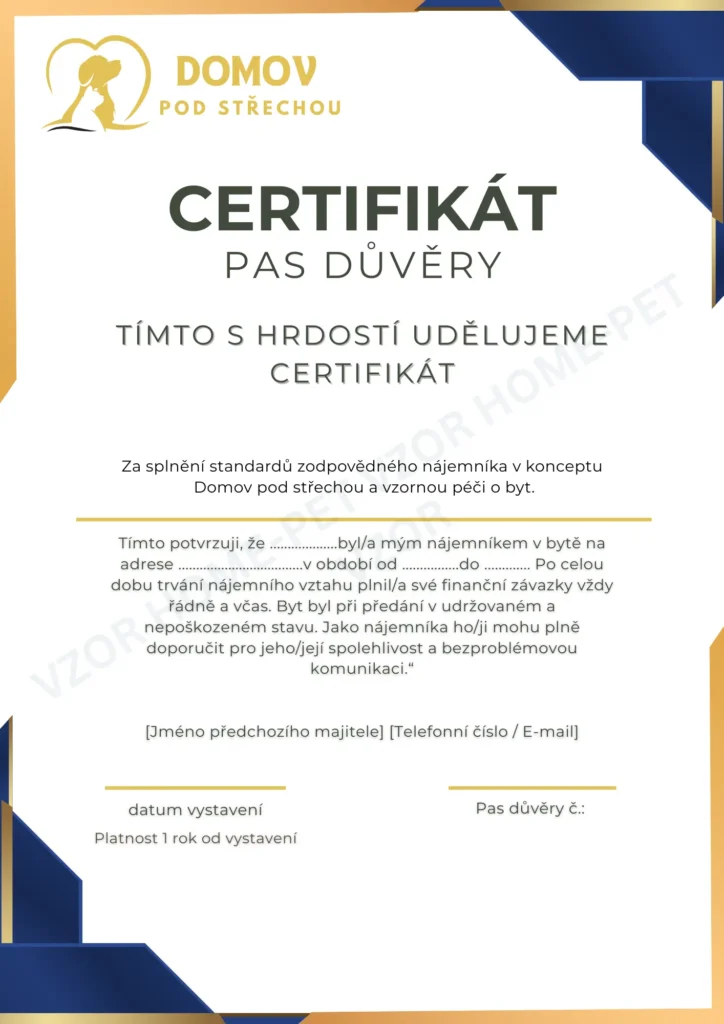 Vzor Certifikátu PAS DŮVĚRY - potvrzení spolehlivého nájemníka Domov pod střechou